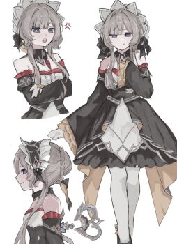 1girl anger_vein bare_shoulders black_dress blue_eyes blush breasts brown_hair cleavage detached_sleeves dress genshin_impact gloves highres long_bangs looking_at_viewer maid_headdress medium_breasts nayuta_(8888_mugen) open_mouth pantyhose sandrone_(genshin_impact) screencap smile solo white_gloves white_pantyhose winding_key