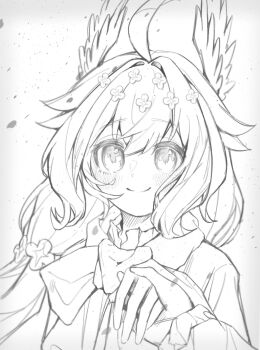 1girl ahoge closed_mouth commentary_request double-parted_bangs enna_alouette flower greyscale hair_flower hair_intakes hair_ornament head_wings highres holding_hands jacket long_hair looking_at_viewer monochrome nijisanji nijisanji_en oneyife1 pov pov_hands scarf simple_background smile solo_focus upper_body virtual_youtuber white_background wings
