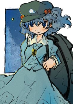 1girl backpack bag blue_shirt blue_skirt blush dade_ne hair_bobbles hair_ornament hat highres kawashiro_nitori medium_hair newsboy_cap one-hour_drawing_challenge shirt short_twintails skirt solo touhou twintails