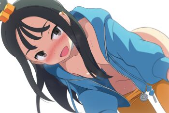 1girl black_hair blue_hoodie blurry blush breasts commentary_request curakuru depth_of_field grey_eyes hair_ornament highres hood hood_down hoodie lida_(pokemon) long_hair looking_at_viewer nintendo no_bra no_panties open_clothes open_mouth pants partially_undressed pokemon pokemon_legends:_z-a simple_background smile solo sweat white_background