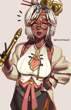 1girl alternate_skin_color black_gloves black_hair black_skirt breasts cleavage coat commentary cowboy_shot dark-skinned_female dark_skin darkened_skin dreadlocks english_commentary expressionless eyeshadow eyewear_on_head glasses gloves hair_bun hair_ornament hair_stick half-closed_eyes hand_on_own_hip headband highres holding holding_rod ironicnotsavage large_breasts lipstick looking_at_viewer makeup multicolored_hair nintendo notice_lines pencil_skirt purah red-framed_eyewear red_eyes red_eyeshadow red_headband red_lips rod roots_(hair) round_eyewear shirt skirt sleeveless sleeveless_shirt solo the_legend_of_zelda the_legend_of_zelda:_tears_of_the_kingdom two-tone_hair updo very_dark_skin white_coat white_hair white_shirt