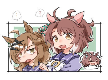 ... 3girls :d ? agnes_tachyon_(umamusume) ahoge animal_ears beer_hsk bow brown_eyes brown_hair chibi dantsu_flame_(umamusume) eighth_note green_background hair_between_eyes hand_on_another&#039;s_shoulder horse_ears jungle_pocket_(umamusume) multicolored_hair multiple_girls musical_note open_mouth ponytail purple_shirt school_uniform shirt small_sweatdrop smile spoken_ellipsis spoken_question_mark streaked_hair sweat tracen_school_uniform two-tone_background umamusume upper_body white_background white_bow white_hair