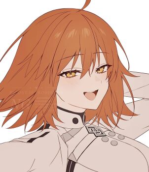 1girl ahoge arm_behind_head arm_up breasts chaldea_logo fate/grand_order fate_(series) fujimaru_ritsuka_(female) fujimaru_ritsuka_(female)_(decisive_battle_chaldea_uniform) high_collar highres large_breasts light_blush long_sleeves looking_at_viewer medium_hair orange_eyes orange_hair smile sumi_(gfgf_045) teeth upper_body upper_teeth_only