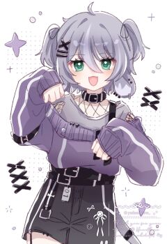 1girl :d ahoge black_shorts commentary commission cowboy_shot english_commentary green_eyes grey_hair hair_between_eyes hair_ornament hands_up highres long_sleeves looking_at_viewer open_mouth original purple_sweater short_hair shorts simple_background sleeves_past_wrists smile solo sweater two_side_up vgen_commission watermark white_background x_hair_ornament yukomeow