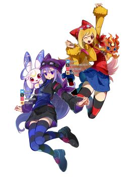 Rule 34 | 2girls, arm up, black jacket, black skirt, black thighhighs, blonde hair, blue shirt, blue skirt, blue thighhighs, coronamon, cropped jacket, digimon, digimon (creature), digimon story: sunburst and moonlight, digivice burst, full body, goggles, goggles on head, hat, highres, jacket, long hair, lunamon, midair, multiple girls, one eye closed, purple eyes, purple hair, purple hat, red hat, red shirt, red thighhighs, sayo (digimon), shirt, simple background, skirt, striped clothes, striped thighhighs, thighhighs, two-tone thighhighs, white background, yellow jacket, youzaiyouzai112