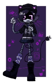 1girl animal_ears beanie_hat boots cat_ears choker glitch_productions hat highres hood hoodie murder_drones plug purple_eyes purple_hair robot striped_legwear tail uzi_(murder_drones)