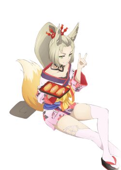 Rule 34 | 1girl, animal ears, artist request, blonde hair, collarbone, food, foot out of frame, fox ears, fox shadow puppet, fox tail, game cg, green eyes, hair ornament, holding, japanese clothes, kimono, long hair, looking at viewer, magilou (japon clothes) (tales), magilou (tales), official alternate costume, official art, pink kimono, short kimono, sitting, smile, solo, tail, tales of (series), tales of asteria, tales of berseria, thighhighs, third-party source, transparent background, white thighhighs
