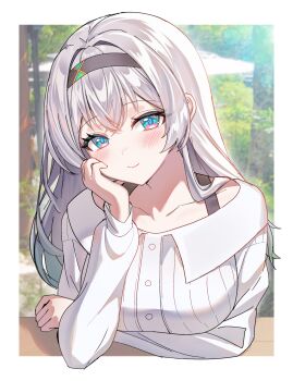 1girl alternate_costume aqua_eyes black_hairband blush breasts closed_mouth collarbone devl_ga_aru firefly_(honkai:_star_rail) gradient_hair green_hair grey_hair hair_between_eyes hairband hand_on_own_cheek hand_on_own_face highres honkai:_star_rail honkai_(series) long_hair long_sleeves looking_at_viewer medium_breasts multicolored_hair shirt smile solo white_shirt