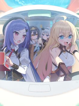 4girls absurdres ahoge amber_(stella_sora) beret black_hair black_hat blue_eyes blue_hairband blue_sky breasts car cellphone cleavage commentary_request driving facing_viewer female_tyrant_(stella_sora) flip_phone grey_hair hairband hat highres iris_(stella_sora) kashio_(92984798) long_hair long_sleeves looking_ahead motor_vehicle multiple_girls necktie new_star_guild_(stella_sora) noya_(stella_sora) open_mouth phone purple_hair red_eyes red_necktie sky smile stella_sora tyrant_(stella_sora) yellow_eyes