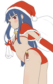 1girl bikini christmas commentary_request flat_chest hat highres idolmaster idolmaster_cinderella_girls loli looking_at_viewer micro_bikini red_bikini sajo_yukimi santa_bikini santa_costume santa_hat solo swimsuit takku