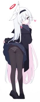 1girl ass auto_ins black_coat black_eyes black_hairband black_jacket black_pantyhose black_serafuku black_shirt black_skirt blue_archive blush bow braid closed_mouth clothes_lift coat coat_partially_removed colored_inner_hair from_behind full_body hair_over_one_eye hair_ribbon hairband halo heart highres jacket kneepits lifting_own_clothes loafers loli long_hair long_sleeves looking_at_viewer looking_back multicolored_hair neckerchief off_shoulder one_eye_closed open_clothes open_coat panties panties_under_pantyhose pantyhose pink_hair pink_halo plana_(blue_archive) pleated_skirt red_halo red_pupils ribbon sailor_collar school_uniform serafuku shirt shoes side_braid simple_background single_braid skirt skirt_lift solo standing striped_clothes striped_panties thighs underwear very_long_hair white_background white_bow white_hair white_neckerchief white_ribbon