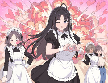 4girls ahoge anger_vein annoyed apron awa_subaru black_hair black_shirt black_skirt blue_eyes blue_pants breasts brown_hair brown_shirt character_request check_character commentary_request dark-skinned_female dark_skin ebizuka_tomo explosion explosion_background girls_band_cry heart heart_hands heart_in_heart_hands highres hopeful_wharf iseri_nina large_breasts long_hair looking_at_viewer maid maid_apron maid_headdress moe_moe_kyun! multiple_girls one_eye_closed pants puffy_short_sleeves puffy_sleeves red_eyes rupa_(girls_band_cry) shirt short_hair short_sleeves skirt smile