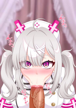1girl :&gt;= absurdres ahoge blush breasts censored cross_hat_ornament deepthroat erection eyes_visible_through_hair fellatio grey_hair hair_ornament hair_over_one_eye hat hetero highres large_breasts licking licking_penis long_hair looking_at_viewer male_pubic_hair mole mole_under_eye nijisanji nurse nurse_cap open_mouth oral penis pov pov_crotch pubic_hair purple_eyes solo_focus sudou37 sukoya_kana sukoya_kana_(1st_costume) sunken_cheeks twintails veins veiny_penis virtual_youtuber x_(symbol) x_hair_ornament