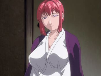 00s 1girl 2006 animated animated_gif bible_black bible_black_new_testament breasts computer futon laptop large_breasts mature_female monk no_bra purple_eyes red_hair religious robe shin_bible_black short_hair tagme takashiro_hiroko veil