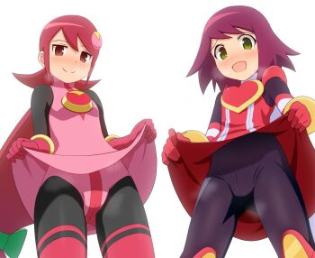 2girls :d black_bodysuit black_pantyhose blush bodysuit breasts brown_eyes closed_mouth clothes_lift commentary_request commission cowboy_shot curakuru dress dress_lift green_eyes harp_note_(mega_man) highres in-franchise_crossover leotard lifting_own_clothes long_sleeves looking_at_viewer mayl_sakurai_(mega_man) mega_man_(series) mega_man_battle_network_(series) mega_man_star_force_(series) multiple_girls nose_blush open_mouth pantyhose pink_dress pink_leotard purple_hair red_dress red_hair roll.exe_(mega_man) simple_background skeb_commission sleeveless sleeveless_dress small_breasts smile sonia_strumm_(mega_man) split_mouth steaming_body white_background