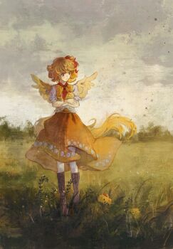 1girl animal animal_hug animal_on_head ascot baby_animal bird bird_on_head bird_wings blonde_hair boots brown_boots chick chicken_girl chinese_commentary closed_mouth cloud cloudy_sky commentary_request feathered_wings field ge_dazuo highres holding holding_animal knee_boots lace-up_boots medium_hair multicolored_hair niwatari_kutaka on_head outdoors red_ascot red_eyes red_hair rooster_tail shirt short_sleeves skirt sky smile touhou two-tone_hair vest wavy_hair white_shirt wings yellow_skirt yellow_vest yellow_wings