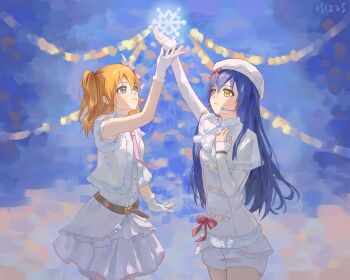 2girls absurdres belt beret blue_eyes blue_hair brown_belt capelet commentary dated detached_sleeves gloves hair_between_eyes hat highres hu_pi_xuan_jiao kosaka_honoka long_sleeves love_live! love_live!_school_idol_project medium_hair microphone multiple_girls one_side_up open_mouth orange_hair shirt shorts sleeveless snow_halation sonoda_umi white_capelet white_gloves white_hat white_shirt white_shorts