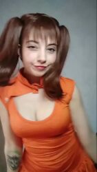 Rule 34 | 1girl, animated, blowing kiss, brown hair, cleavage cutout, clothing cutout, cosplay, diane (nanatsu no taizai), diane (nanatsu no taizai) (cosplay), heart, long hair, looking at viewer, nanatsu no taizai, one eye closed, photo (medium), real life, shorts, tagme, twintails, video, wink, yuno the loose