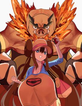 1girl absurdres alternate_breast_size_(larger) arm_up bag blue_eyes blue_sleeves breasts bright_pupils brown_hair commentary_request donut_hair_bun double_bun emboar fire gen_5_pokemon hair_bun hand_up highres huge_breasts long_hair looking_at_viewer nintendo open_mouth ossan_056 pink_bag poke_ball_print pokemon pokemon_(creature) pokemon_bw2 pokemon_focus raglan_sleeves rosa_(pokemon) shirt_overhang shoulder_bag smile three-quarter_sleeves tusks twintails upper_body v-shaped_eyebrows white_pupils