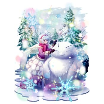 1girl antenna_hair artist_request bird_girl bird_wings blonde_hair boots bow brown_gloves building_snowman cabin child choker closed_mouth cloud cloudy_sky colored_tips day dress earmuffs feathered_wings filolial fitoria_(tate_no_yuusha_no_nariagari) frilled_dress frills full_body fur-trimmed_gloves fur-trimmed_jacket fur_trim game_cg glove_bow gloves gradient_clothes gradient_dress grey_hair grey_sky grid_print igloo jacket knee_boots layered_dress leg_up light_particles long_dress long_sleeves looking_at_viewer multicolored_hair official_alternate_costume official_art outdoors pine_tree pink_bow pink_choker pink_dress pink_eyes pink_scarf plaid_clothes plaid_scarf print_scarf purple_jacket scarf short_hair simple_background sky smile snow_animal snow_on_tree snow_shelter snowflakes snowing solo sparkle standing tate_no_yuusha_no_nariagari tate_no_yuusha_no_nariagari_rerise transparent_background tree white_boots white_dress white_wings wings