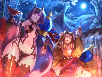 2girls bare_shoulders blonde_hair breasts dawito eyeliner fate/grand_order fate_(series) grin headpiece highres horns ibaraki_douji_(fate) japanese_clothes kimono long_sleeves looking_at_viewer makeup multiple_girls oni purple_eyes purple_hair purple_kimono revealing_clothes short_hair shuten_douji_(fate) skin-covered_horns small_breasts smile wide_sleeves yellow_eyes