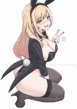 1girl absurdres animal_ear_hairband animal_ears arm_between_legs ass black_bow black_bowtie black_leotard black_nails black_shoes black_suit black_thighhighs blonde_hair blush bow bowtie breasts chascoby cleavage collar colored_tips commentary cosplay detached_collar ear_piercing earrings fake_animal_ears fake_nails fake_tail formal_clothes from_side full_body hairband hand_up high_heels highleg highleg_leotard highres hoop_earrings izayoi_arisa izayoi_arisa_(cosplay) jewelry kitagawa_marin large_breasts leotard long_hair long_sleeves looking_at_viewer multicolored_hair nail_polish open_mouth patreon_username piercing pink_eyes playboy_bunny rabbit_ear_hairband rabbit_ears rabbit_tail shoes signature simple_background smile solo sono_bisque_doll_wa_koi_wo_suru squatting suit tail tailcoat tailcoat_playboy_bunny thighhighs thighs traditional_bowtie tuxedo v white_background white_collar