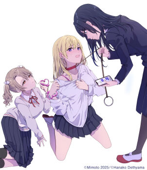artist_name bdsm black_hair blonde_hair blush bound brown_hair cellphone chiyoko_hanamura cuffs earrings handcuffs highres holding holding_phone jewelry kneeling leash mimoto_(aszxdfcv) phone sakura_sakine school_uniform simple_background smartphone standing sweatdrop sweater_vest twintails yukishiro_mafuyu_(yuri_no_hajimari_wa_dorei_kara) yuri_no_hajimari_wa_dorei_kara