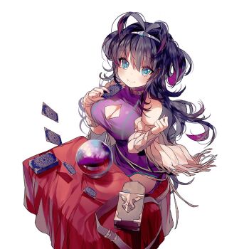 1girl antenna_hair aqua_eyes breasts card cleavage cleavage_cutout clothing_cutout commentary_request crystal_ball dress gradient_hair hair_between_eyes large_breasts long_hair multicolored_hair pink_hair purple_dress purple_hair ruka_fuuun sukja uchi_no_hime-sama_ga_ichiban_kawaii