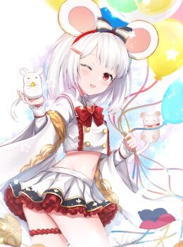 Rule 34 | 1girl, ;d, absurdres, animal, animal ears, animal on hand, balloon, bow, cheese, chinese zodiac, chiutake mina, commentary request, cowboy shot, fake animal ears, food, granblue fantasy, heart, highres, holding, holding balloon, long sleeves, looking at viewer, midriff, mouse (animal), mouse ears, navel, one eye closed, open mouth, red bow, red eyes, signature, skirt, smile, solo, vikala (granblue fantasy), white hair, white skirt, year of the rat