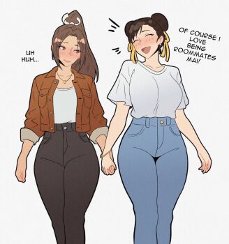 2girls black_hair blush breasts brown_hair capcom celebelian chun-li closed_eyes couple fatal_fury holding_hands interlocked_fingers large_breasts long_hair looking_at_another multiple_girls open_mouth pants shiranui_mai shirt simple_background smile street_fighter thighs white_background yuri