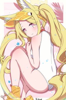 1girl absurdres animal_ear_fluff animal_ears ass back bare_arms bare_legs bare_shoulders bird_hat_ornament blonde_hair blue_archive blush breasts butt_crack choker closed_mouth clothing_cutout cross_halo dated diamond_cutout dot_nose embarrassed extra_ears eyes_visible_through_hair feet fetal_position flower foolforpriconne fox_ears fox_girl fox_tail from_behind gradient_eyes hair_flower hair_ornament halo hands_on_own_chest highleg highleg_one-piece_swimsuit highres knees_to_chest knees_up loli long_hair looking_at_viewer looking_back multicolored_eyes no_eyewear no_jacket one-piece_swimsuit orange_visor pink_background pink_eyes ponytail red_choker sandals seia_(blue_archive) seia_(swimsuit)_(blue_archive) side_ponytail signature small_breasts solo star_(symbol) star_ornament sweatdrop swimsuit tail tail_ornament tail_through_clothes thighs toes very_long_hair very_long_tail visor_cap water_drop wavy_mouth wet white_one-piece_swimsuit yellow_eyes yellow_halo yellow_sandals