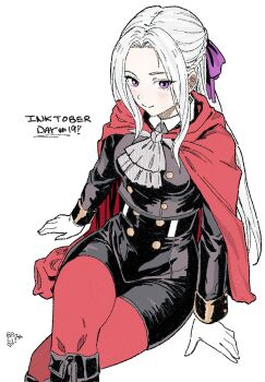Rule 34 | 1girl, adapted costume, arm support, ascot, black boots, black skirt, blush, boots, braid, buttons, cape, cloak, double-breasted, edelgard von hresvelg, feet out of frame, fire emblem, fire emblem: three houses, gloves, gold buttons, grey hair, hair ribbon, half up braid, highres, inktober, leggings, long hair, long sleeves, nintendo, parted bangs, pencil skirt, purple eyes, purple ribbon, red cape, red cloak, red leggings, ribbon, shelovesbali, sidelocks, simple background, sitting, skirt, smile, solo, white background, white gloves