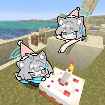 ahoge animal_ears blue_archive blue_eyes blue_halo blue_scarf chibi commentary grey_hair hair_between_eyes hair_ornament halo happy_birthday highres ishikoro24 looking_at_viewer minecraft open_mouth scarf shiroko_(blue_archive) shiroko_terror_(blue_archive) tail untranslatable_commentary wolf_ears wolf_girl wolf_tail