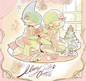 1boy 1other 2girls ^_^ absurdres artist_name bell blanket blue_hair blunt_bangs blush bob_cut border bow bowl_cut box character_doll christmas christmas_ornaments christmas_tree closed_eyes closed_mouth clothed_pokemon colored_skin covered_eyes cup cushion detached_collar doll drink drinking english_text eye_contact family flat_chest flower fur_trim gallade gardevoir gen_1_pokemon gen_3_pokemon gen_4_pokemon gift gift_box green_skin hair_flower hair_ornament hair_over_eyes hair_over_one_eye hairband hands_up happy heart highres holding holding_cup holding_drink holly_hair_ornament in_container indoors jar kirlia kneeling knitting_needle looking_at_another mega_gallade mega_gardevoir mega_pokemon merry_christmas mistletoe mohawk mug multicolored_hair multicolored_skin multiple_girls neck_ribbon needle nintendo on_floor one_eye_covered open_mouth pink_border pink_bow pink_ribbon pink_scarf pokemon pokemon_(creature) pom_pom_(clothes) ralts red_eyes red_flower ribbon scarf seiza signature sitting smile snowflakes staryu steam striped_clothes striped_scarf two-tone_hair two-tone_skin white_hairband white_skin window yarn yarn_ball yueryu_(taroyuer2)