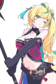1girl aqua_hair axe bare_shoulders battle_axe belt belt_buckle black_gloves black_shorts blonde_hair blush breasts buckle cleavage cleavage_cutout clothing_cutout cowboy_shot double-sided_axe dress elbow_gloves gloves green_eyes hair_ornament highres holding holding_axe large_breasts long_hair midriff multicolored_hair navel nijisanji one_eye_closed red_dress ribbon_hair shorts side_ponytail signature solo streaked_hair sunekos tachitsute_toto tachitsute_toto_(1st_costume) tassel virtual_youtuber weapon white_background wing_hair_ornament