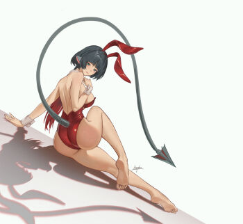 1girl alternate_costume animal_ears arepko artist_name ass barefoot black_hair breasts commentary english_commentary fake_animal_ears feet from_behind green_eyes highres jane_doe_(zenless_zone_zero) large_breasts leotard long_hair mouse_ears mouse_girl mouse_tail multicolored_hair playboy_bunny rabbit_ears red_hair red_leotard shadow simple_background soles solo tail toes two-tone_hair very_long_hair white_background wrist_cuffs zenless_zone_zero