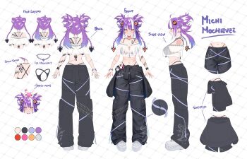 1girl absurdres bikini bikini_under_clothes black_bikini black_jacket black_pants breasts character_name reference_sheet clothes_around_waist cropped_shirt highleg highleg_bikini highres jacket jacket_around_waist large_breasts long_hair looking_at_viewer michi_mochievee michi_mochievee_(summer) multicolored_hair navel official_alternate_costume official_art pants patchwork_skin purple_hair raijuu_(bakanara) second-party_source see-through_clothes see-through_shirt shirt shoulder_tattoo sideboob smile solo streaked_hair swimsuit tattoo two_side_up virtual_youtuber vshojo white_hair white_shirt yellow_eyes