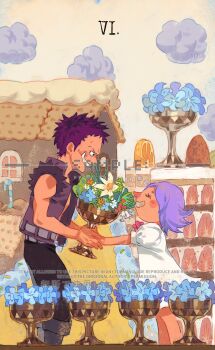Rule 34 | 1boy, 1girl, ^ ^, aged down, blue flower, blush stickers, bouquet, brother and sister, charlotte brulee, charlotte katakuri, closed eyes, cloud, commentary, cup, flower, highres, holding, holding cup, one piece, outdoors, profile, purple hair, roman numeral, sample watermark, sharp teeth, siblings, siyangou49, sleeveless, sleeveless jacket, smile, teeth, watermark