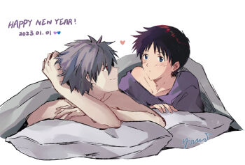 Rule 34 | 2boys, black hair, blanket, blue eyes, blush, closed mouth, dated, grey hair, happy new year, heart, highres, ikari shinji, looking at another, lying, male focus, multiple boys, nagisa kaworu, neon genesis evangelion, new year, nude, on stomach, pillow, purple shirt, shirt, short hair, signature, simple background, single bare shoulder, under covers, white background, yaoi, yorumi1117