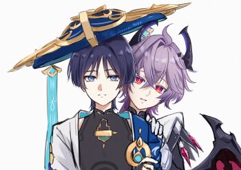 2boys ahoge behind_another black_bodysuit black_hair black_horns blue_cape blue_eyes blue_gemstone blue_hat blunt_ends bodysuit bright_pupils cape closed_mouth crossed_bangs crystal dragon_boy dragon_horns dragon_wings expressionless eyeliner eyeshadow facial_mark forehead_mark gem genshin_impact gloves gold gold_ring grey_pupils hair_between_eyes hand_on_another&#039;s_shoulder hat highres horns japanese_clothes jingasa kimono makeup male_focus mandarin_collar middle_ring mini_durin_(genshin_impact) mini_durin_(human)_(genshin_impact) multiple_boys open_clothes open_kimono open_mouth peeking_out purple_hair purple_horns red_eyeliner red_eyes red_eyeshadow red_gemstone red_wings scaramouche_(genshin_impact) short_sleeves shoulder_peek slit_pupils spiked_wings split_mouth straight-on tilted_headwear tsurime twitter_username two-sided_horns wanderer_(genshin_impact) white_background white_gloves white_kimono white_pupils white_sleeves white_trim wings wispy_bangs yozora_9089