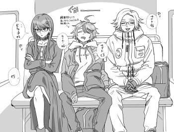 Rule 34 | 1girl, 2boys, ahoge, aotsuki eito, bag, breast pocket, choker, closed eyes, commentary request, crossed arms, crossed legs, dorodorodo412, drawstring, dress, drooling, earrings, glasses, gloves, greyscale, hair ornament, highres, hood, hoodie, interlocked fingers, jacket, jacket over hoodie, jewelry, leaning back, long hair, monochrome, mouth drool, multicolored hair, multiple boys, open clothes, open jacket, own hands together, pocket, shizuhara hiruko, short hair, sitting, sleeping, smile, speech bubble, streaked hair, sumino takumi, the hundred line -last defense academy-, translation request