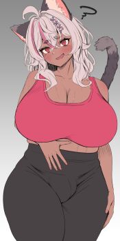 Rule 34 | 1girl, animal ear fluff, animal ears, black pants, blush, breasts, bulge, cat ears, cat tail, character request, check character, cleavage, collarbone, commentary request, copyright request, fingernails, futanari, grey background, hair ornament, hand on own hip, hand on own stomach, highres, huge breasts, looking at viewer, medium hair, multicolored hair, multiple hair clips, nervous smile, pants, pink hair, pink tank top, short eyebrows, simple background, skin tight, smile, solo, standing, sweat, sweatdrop, tail, tan, tank top, tight clothes, tight pants, two-tone hair, white hair, yana (nekoarashi)