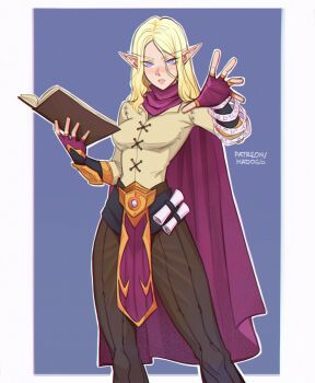 1girl belt black_belt blonde_hair blue_background book border breasts brown_pants cape commentary commission elf english_commentary fantasy feet_out_of_frame fingerless_gloves freckles gloves highres holding holding_book long_hair long_legs long_sleeves madogg medium_breasts narrow_waist no_pupils open_book original pants parted_hair parted_lips patreon_username pelvic_curtain pinstripe_pants pinstripe_pattern pointy_ears purple_cape purple_eyes scroll shirt skin_tight teeth white_border