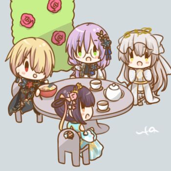 4girls :o black_hair brown_hair chair charlotta_skopovskaya charlotta_skopovskaya_(innocent_nevesta) chibi chibi_only chopsticks cup food glasses green_eyes grey_hair heaven_burns_red highres holding holding_chopsticks izumi_yuki izumi_yuki_(princess_by_your_side) kayamori_ruka kayamori_ruka_(the_feel_of_the_throne) kettle li_yingxia li_yingxia_(alluring_dayflowers) long_hair multiple_girls noodles on_chair purple_hair ramen red_eyes short_hair sitting table teacup ura_(ura-tennislove)