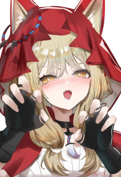 1girl absurdres animal_ears arknights arknights:_endfield black_gloves blonde_hair blush bright_pupils cape claw_pose commentary dress ears_through_headwear ears_through_hood fangs fingerless_gloves gloves hands_up highres hood hood_up hooded_cape horobu jewelry long_hair long_sidelocks looking_at_viewer low-tied_sidelocks necklace nose_blush open_mouth red_cape rossi_(arknights) sidelocks simple_background solo teeth tooth_necklace twitter_username upper_body white_background white_dress white_pupils wolf_ears wolf_girl yellow_eyes