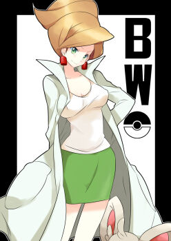 10s 1girl professor_juniper breasts cleavage earrings green_eyes hand_on_own_hip hip_focus jewelry lab_coat large_breasts light_brown_hair looking_at_viewer miniskirt nakamura_sandayo nintendo no_bra poke_ball pokemon pokemon_bw simple_background skirt smile