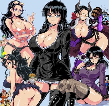 +++ 1girl 5boys ^^^ absurdres arm_under_breasts arms_at_sides ass beast_pirates_uniform bikini black_hair blue_background breasts brook_(one_piece) cleavage dress dwarf gancho_(one_piece) glasses hair_ribbon highres jacket jinbe_(one_piece) large_breasts lewdamone long_hair long_sleeves mini_person miniboy miniskirt multiple_boys nico_robin nico_robin_(dressrosa) nico_robin_(onigashima) nico_robin_(punk_hazard) nico_robin_(thriller_bark) nico_robin_(water_7) official_alternate_costume one_piece panties pantyshot partially_unzipped ponytail ribbon roronoa_zoro short_dress short_shorts shorts simple_background skirt suit_jacket sunglasses sweat swimsuit tank_top thighhighs underwear usopp zettai_ryouiki zipper