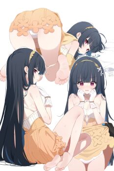 Rule 34 | 2girls, ass, barefoot, black hair, blue hair, blue scarf, blush, breasts, cleavage, clothes lift, clothing cutout, colored inner hair, criss-cross halter, deyui, dress, dress lift, embarrassed, extra pupils, feet, female tyrant (stella sora), flying sweatdrops, gloves, hairband, halterneck, hashtag-only commentary, highres, lace, lace-trimmed gloves, lace trim, lifting another's clothes, long hair, medium breasts, multicolored hair, multiple girls, multiple views, nazuka (stella sora), open mouth, orange dress, panties, parted lips, peanut mouth, red eyes, scarf, short dress, sitting, sleeveless, sleeveless dress, soles, solo focus, standing, stella sora, thigh gap, toes, top-down bottom-up, two-tone dress, two-tone hair, tyrant (stella sora), underboob, underboob cutout, underwear, very long hair, wavy mouth, wet, white dress, white gloves, white panties