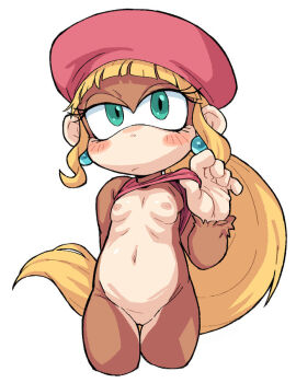 1girl 2026 20s absurdres aqua_eyes blush blush_stickers body_fur bottomless breasts brown_fur clothes_lift cropped_legs dixie_kong donkey_kong_(series) donkey_kong_country earrings eyelashes frown furry furry_female hat highres jewelry looking_at_viewer monkey_girl navel nintendo nipples oyatsu_(mk2) pink_hat ponytail pussy shirt_lift sidelocks simple_background small_breasts solo stomach tagme thigh_gap twitter_username white_background