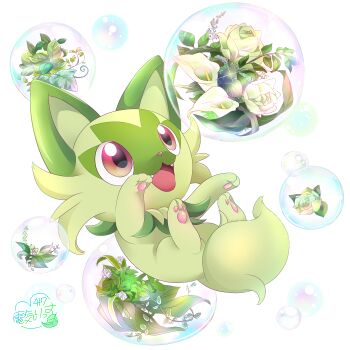 bubble cat commentary_request fangs flower happy leaf nintendo no_humans open_mouth pink_eyes pokemon pokemon_(creature) pokemon_focus signature smile solo sprigatito squirrel_417